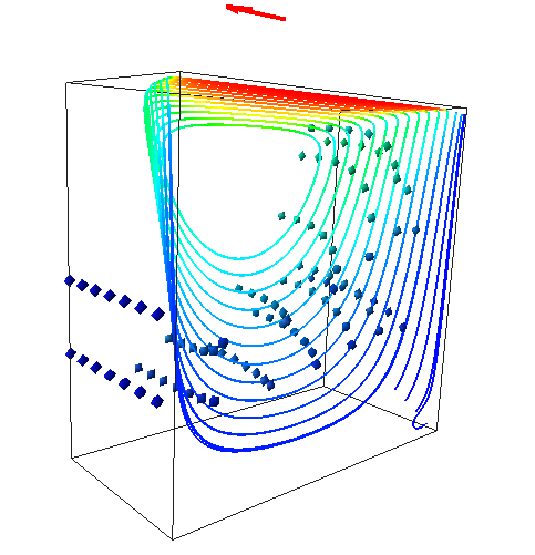 Visualization to reveal the flow pattern in the lid driven cavity test case.