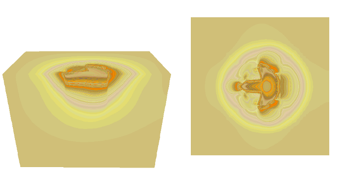 Visualizations of simulated fossilised dinosaur foot prints showing fine details of the distortion that can be related to the pressure bulb.