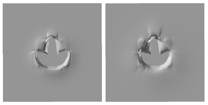 Visualizations of simulated fossilised dinosaur foot prints.