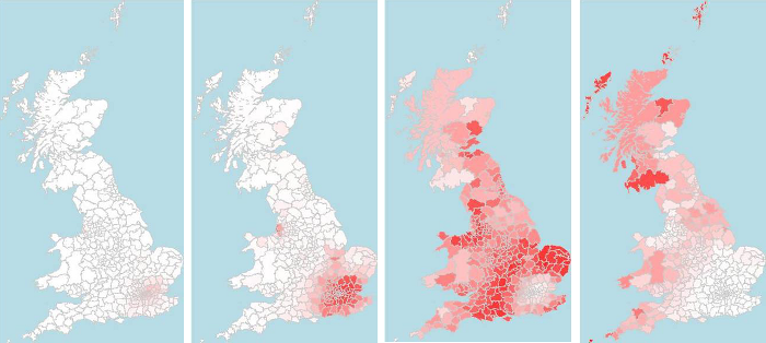 Shows the non-interactive visualizations of a simulation of the spread of infectious disease.