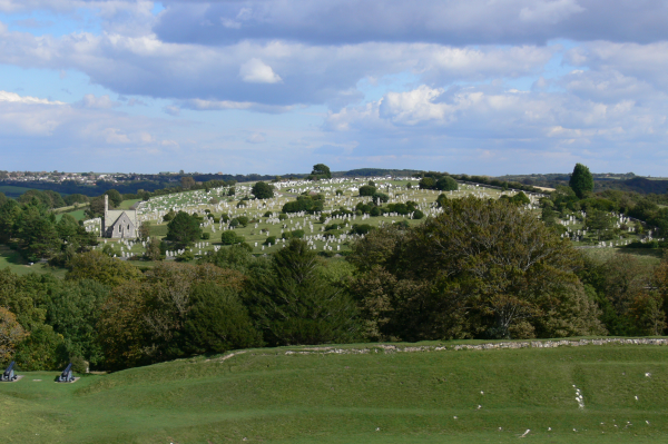 Photo taken from the ramparts of Carisbrooke Castle on the Isle of Weight, in autumn 2007. The view is of an ancient church and grave yard.